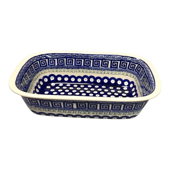Boleslawiec Polish Pottery Peacock Baking Dish Loaf Pan Blue Red Dots Signed - Picture 1 of 10